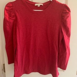eri + ali red cotton top with gathered sleeves